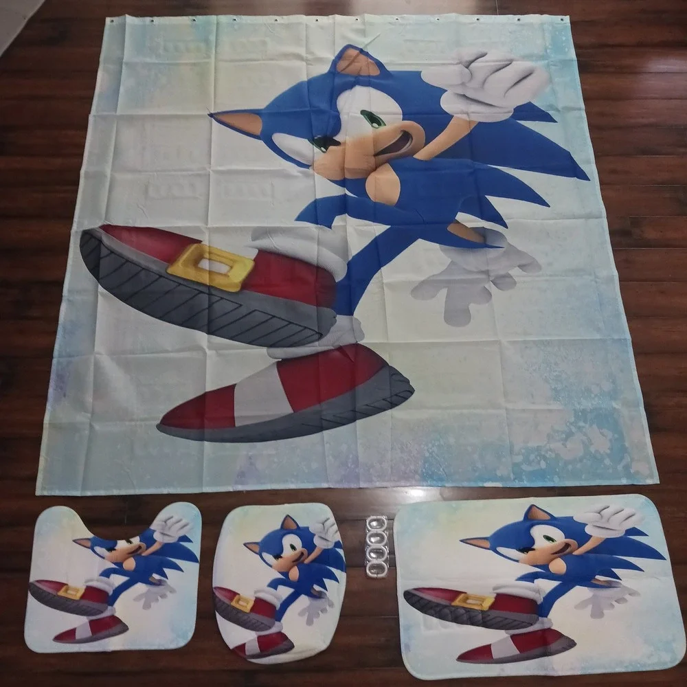Sonic the Hedgehog Bathroom Set Shower Curtain Rugs Toilet Cover 16pc Blue
